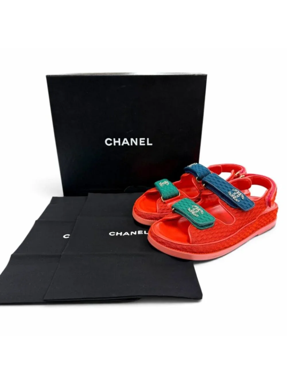 Chanel 22S Leather CC Logo Velcro Sandals Red Navy Green